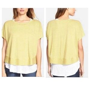 Eileen Fisher Yellow Ochre Organic Linen Jersey Skinny Stripes Boxy Top XL NEW